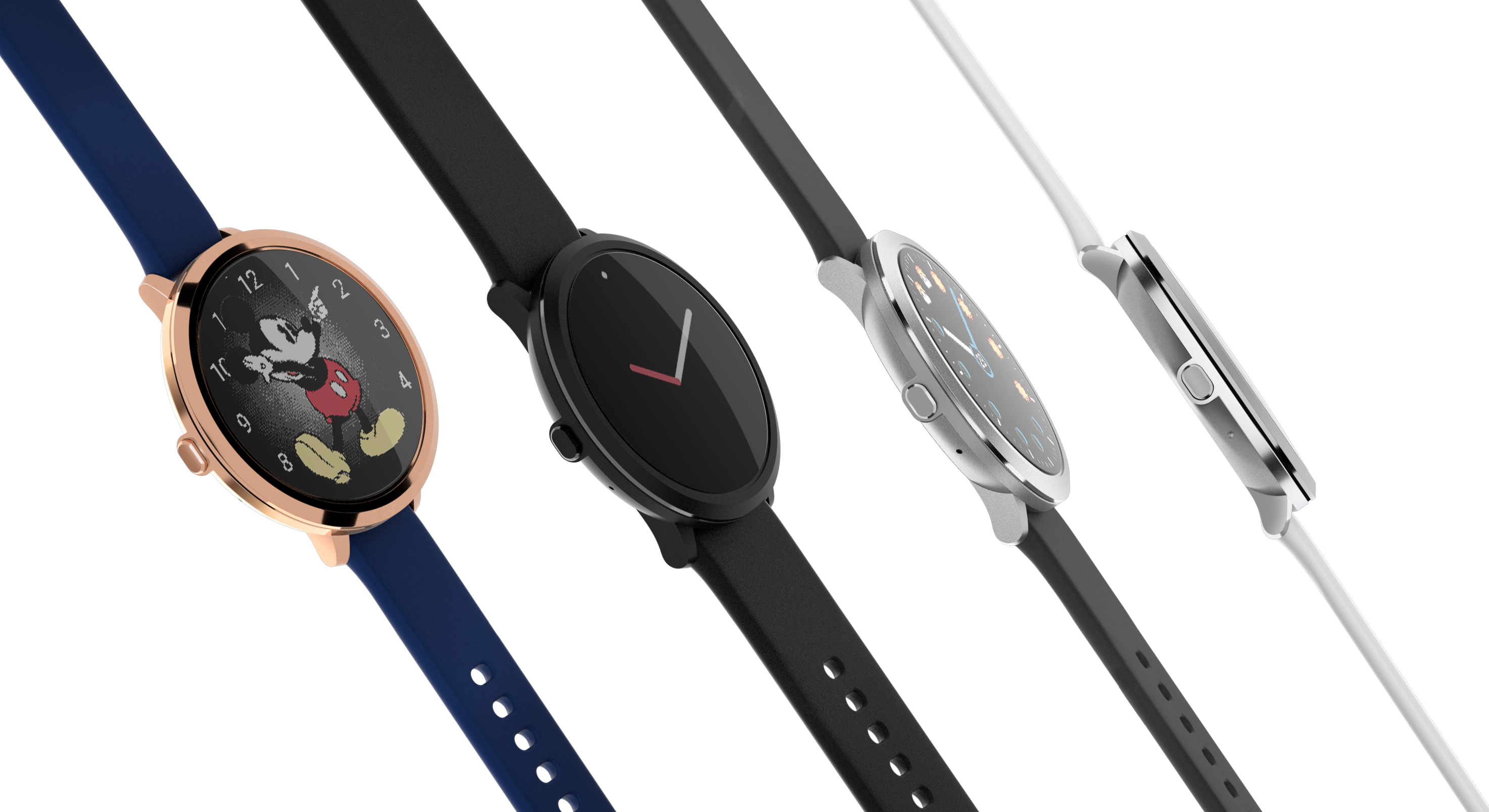 Pebble Round 2 four colorway lineup showing Rose Gold, Matte Black, and Brushed Silver variants