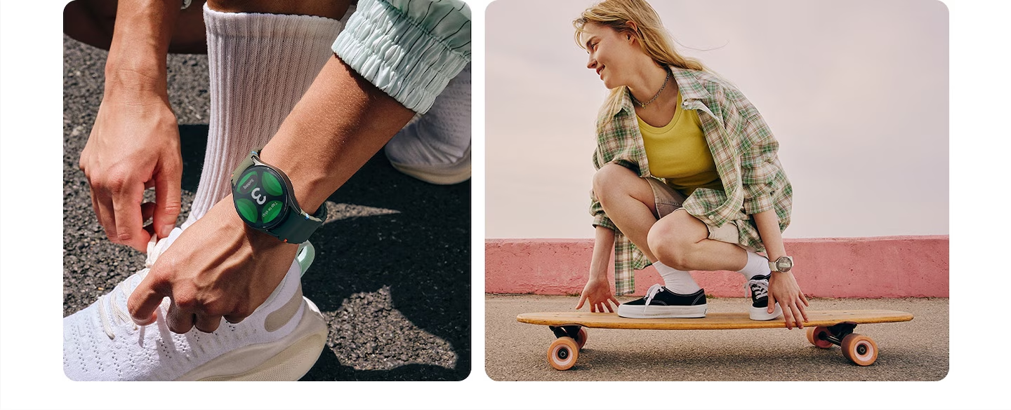 Samsung Galaxy Watch 7 worn during active lifestyle – tying shoes before a run and skateboarding
