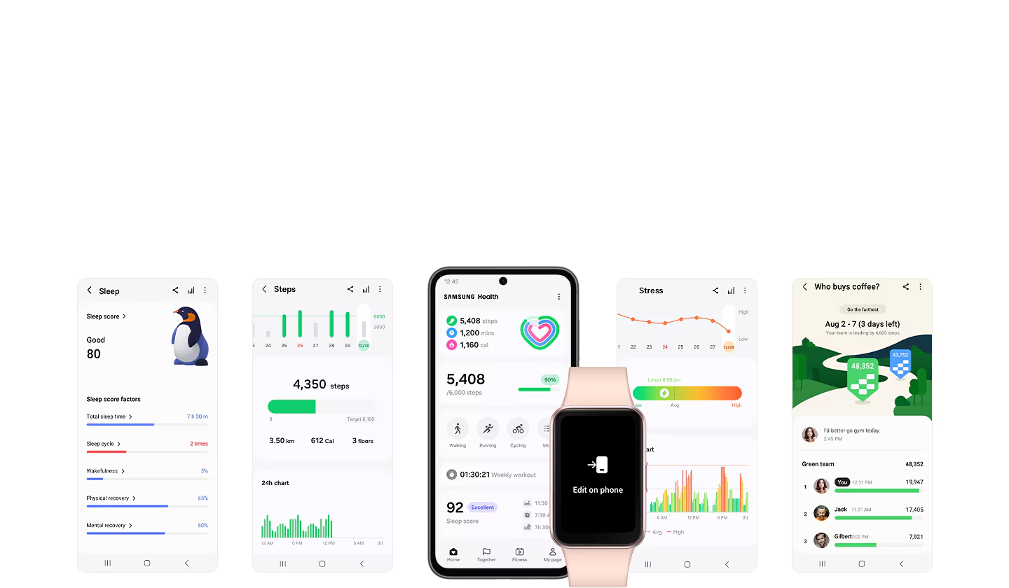 Samsung Galaxy Fit 3 paired with Samsung Health app showing sleep, steps, and stress data