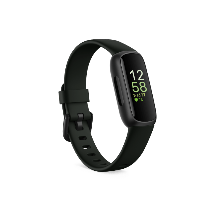 Fitbit Inspire 3 fitness tracker in Midnight Zen colorway, 3/4 angled view