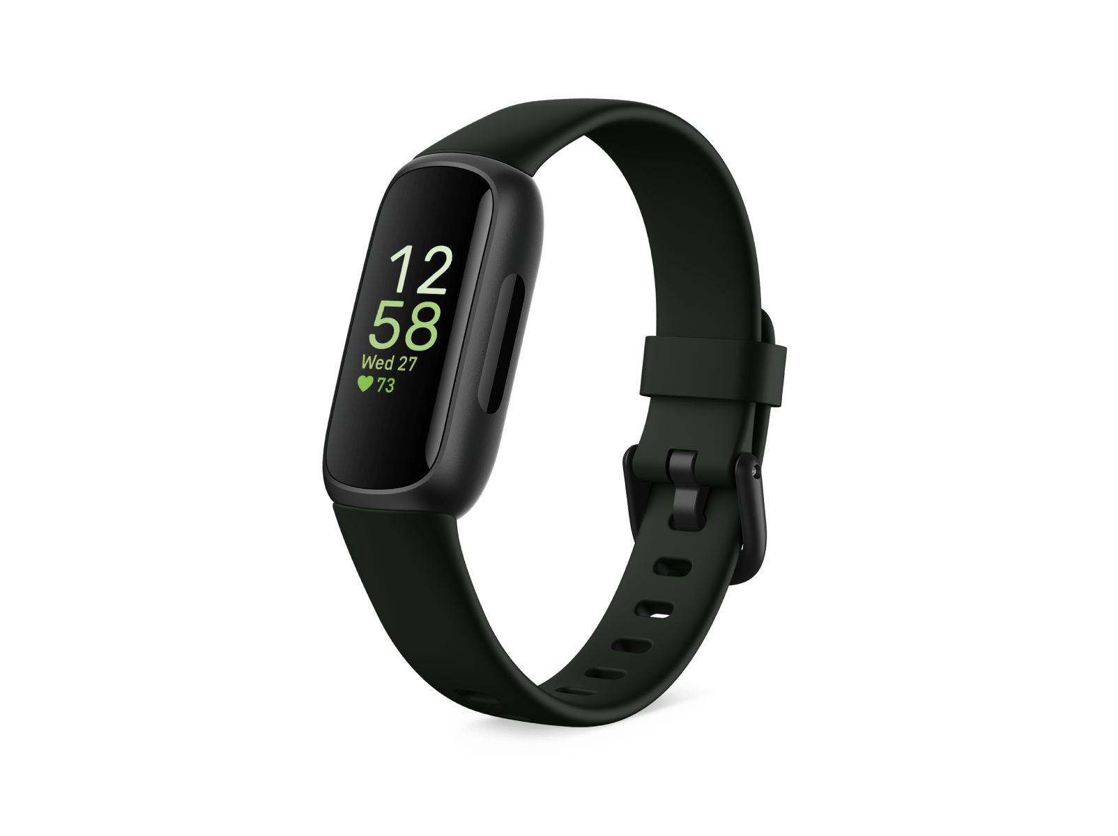 Fitbit Inspire 3 fitness tracker in Midnight Zen colorway, angled side view showing clasp