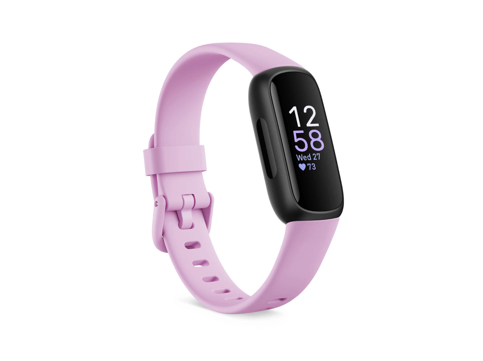 Fitbit Inspire 3 fitness tracker in Lilac colorway, 3/4 angled view