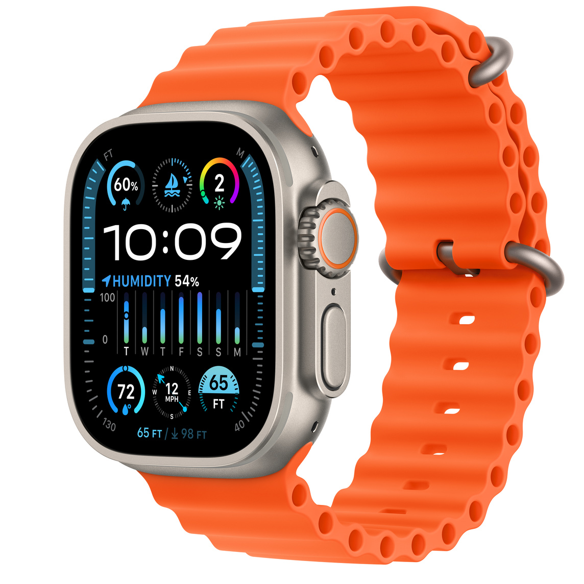 Apple Watch Ultra 2 three-quarter view showing titanium case and Orange Ocean Band