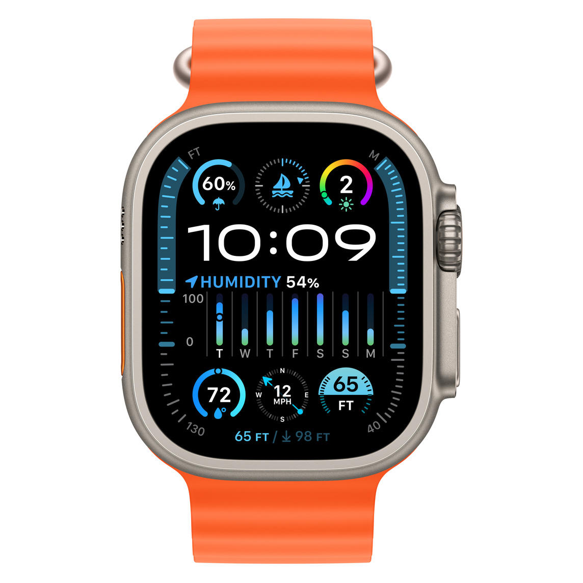 Apple Watch Ultra 2 front view displaying watch face complications