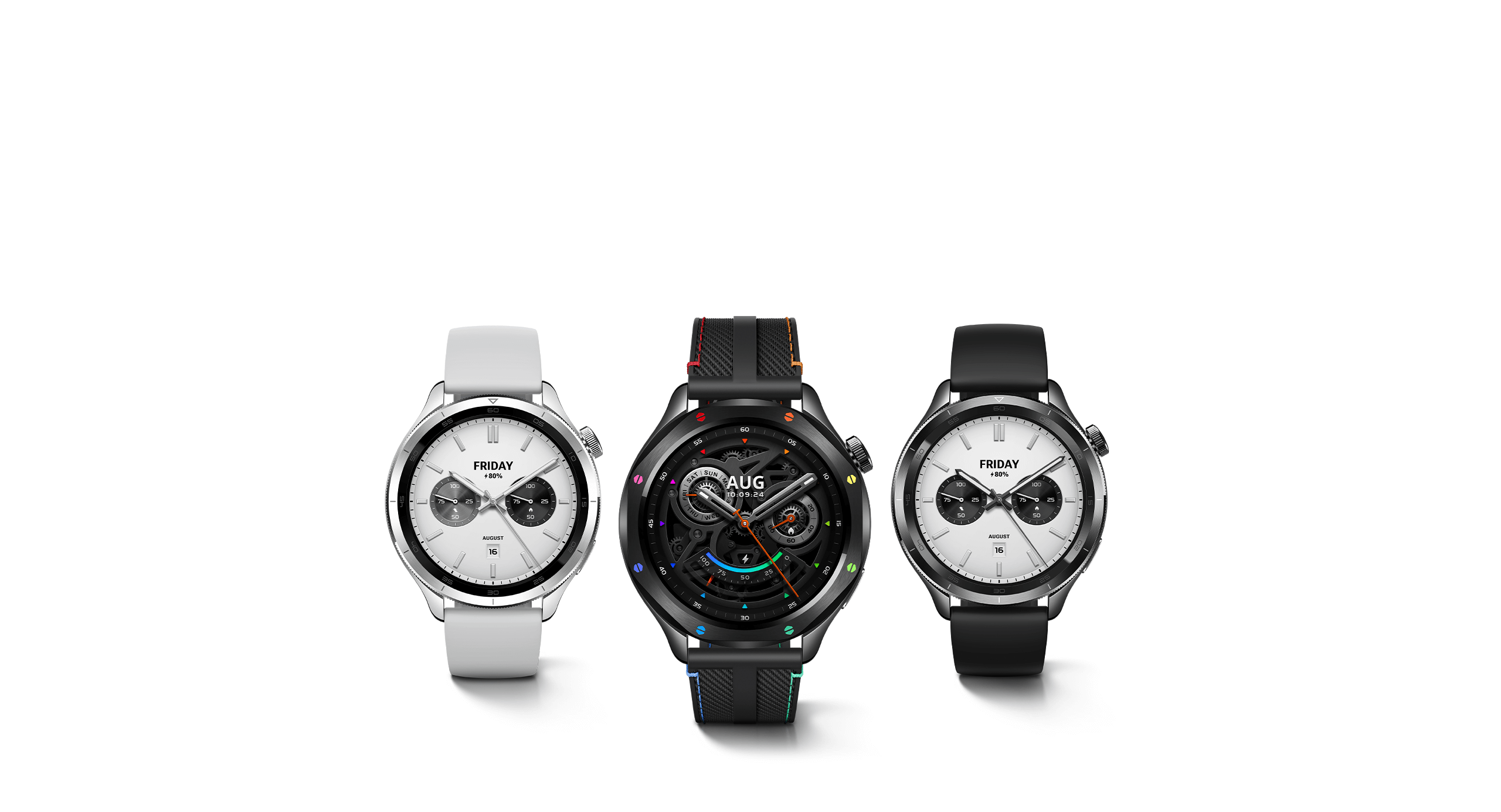 Xiaomi Watch S4 in white, black, and multicolor variants