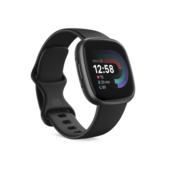 Fitbit Versa 4 smartwatch in Black/Graphite colorway, three-quarter angle view