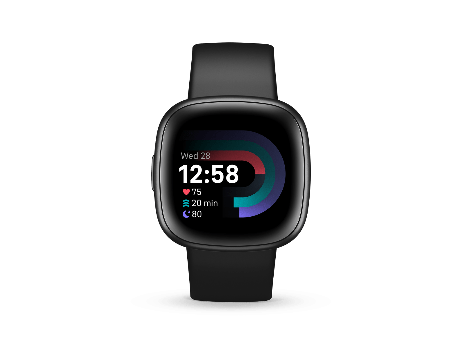 Fitbit Versa 4 smartwatch in Black/Graphite colorway, front view