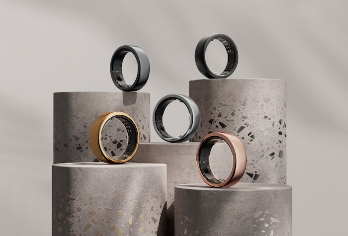 Oura Ring Generation 3 in all five color variants displayed on concrete pedestals