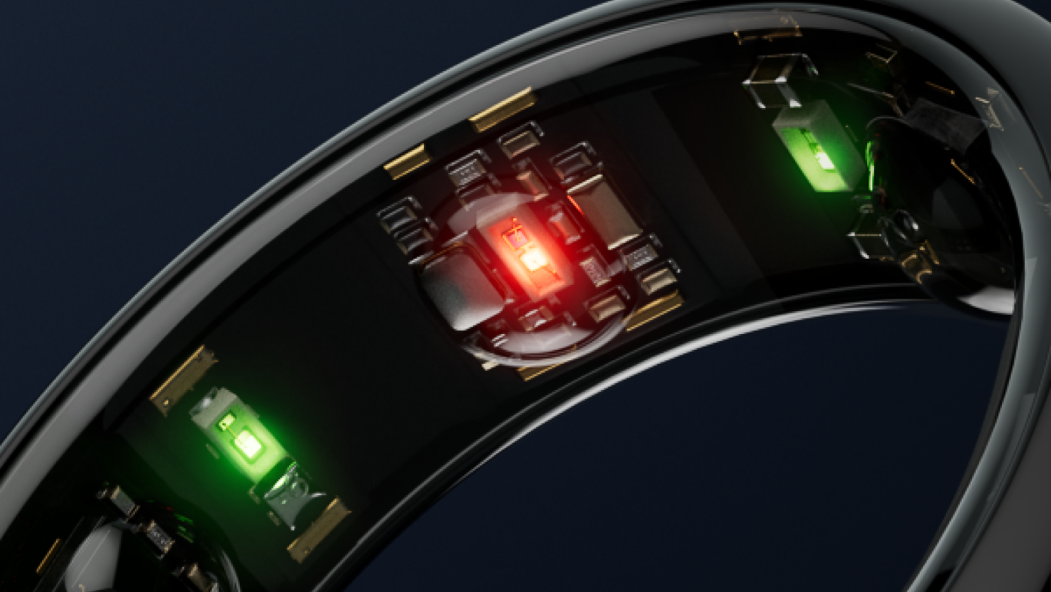 Close-up of Oura Ring Generation 3 inner sensor array with illuminated LEDs