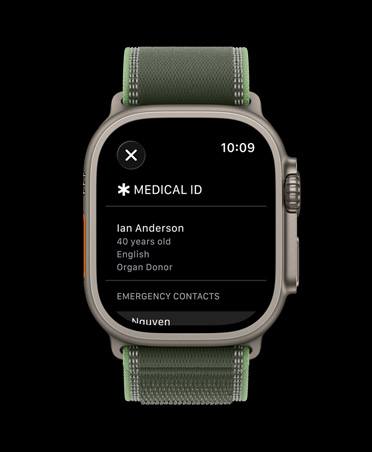 Apple Watch displaying Medical ID screen with emergency contact information