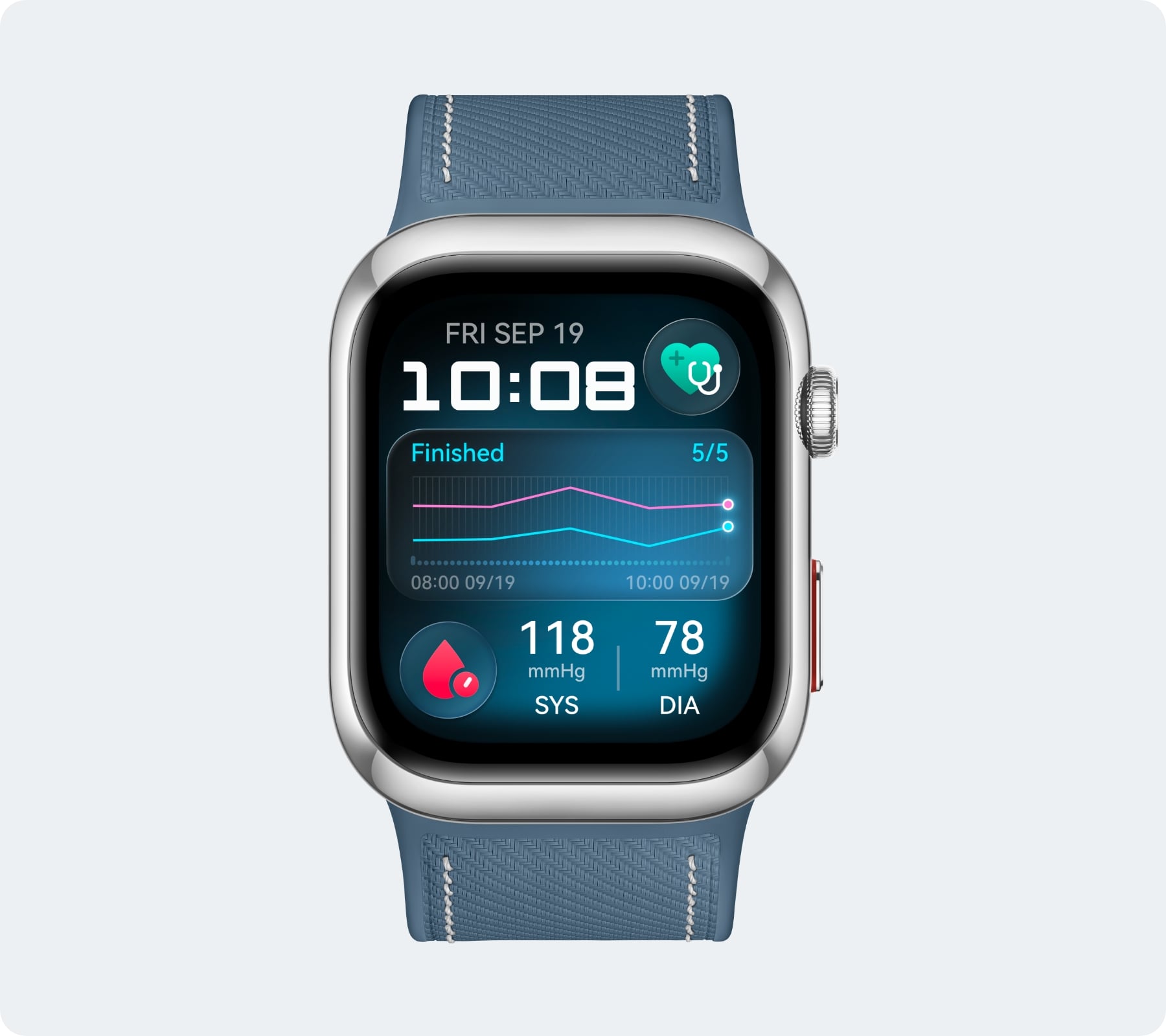 Huawei Watch D2 front view showing blood pressure measurement results