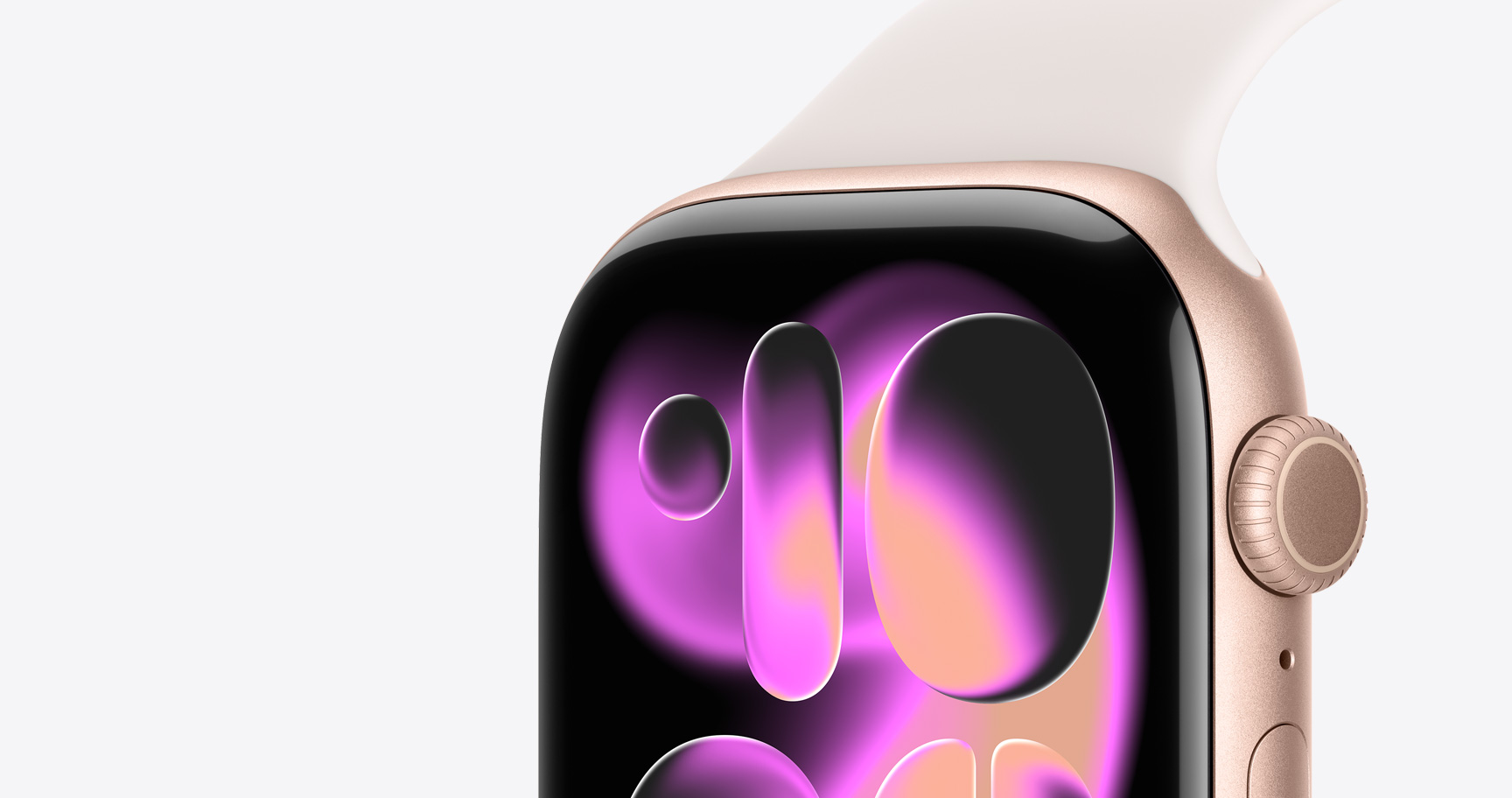 Apple Watch Series 11 Rose Gold close-up showing Digital Crown and side profile