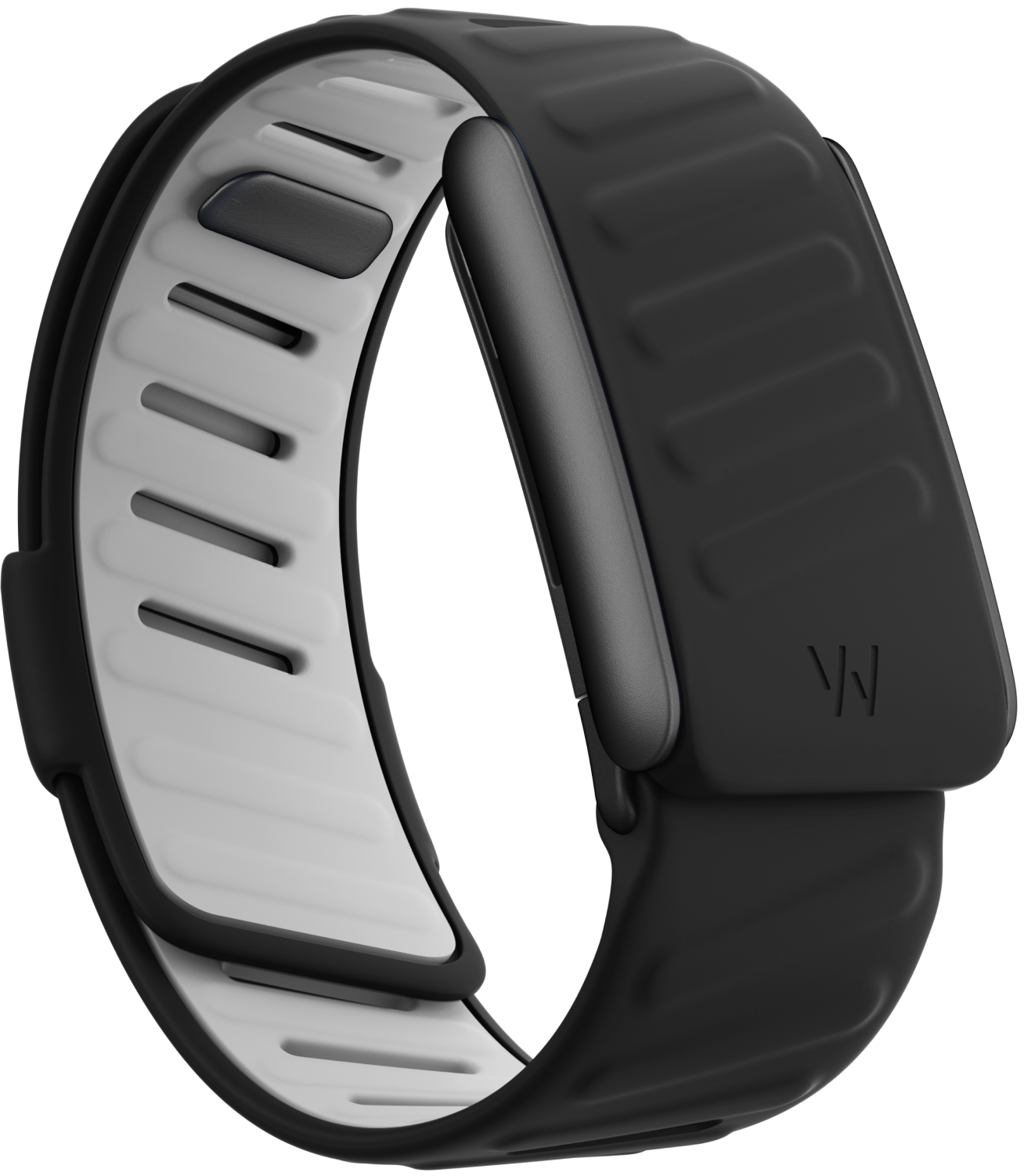 WHOOP 5 black band front view showing the screenless sensor housing