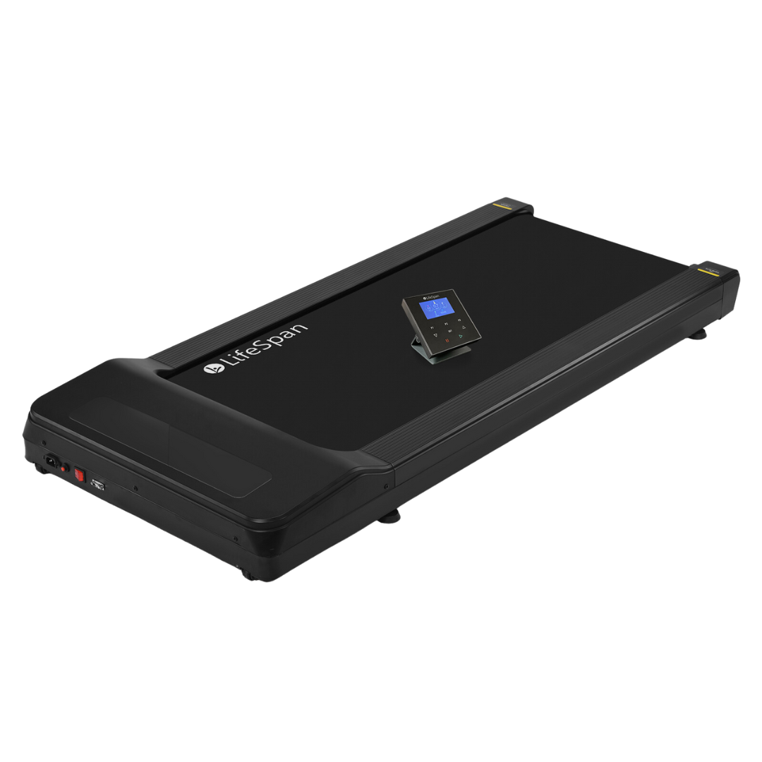 LifeSpan TR1200Pro-GlowUp under-desk treadmill, three-quarter front view on white background