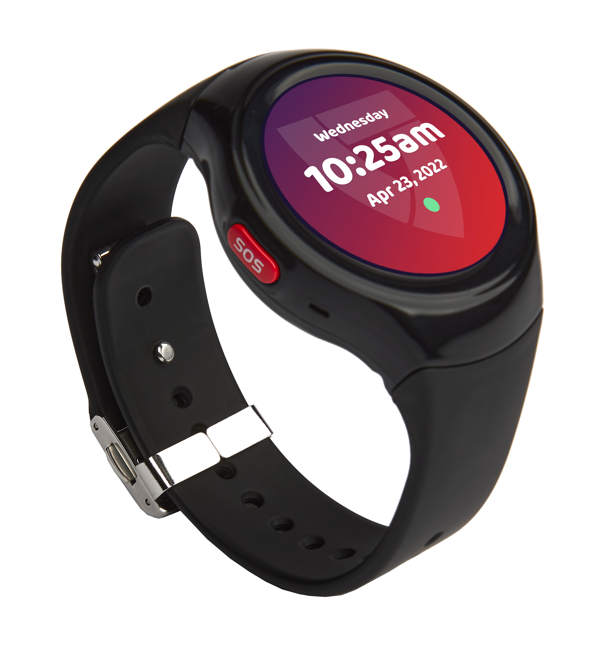 Medical Guardian MGMove medical alert smartwatch, front three-quarter view showing the round display and red SOS button