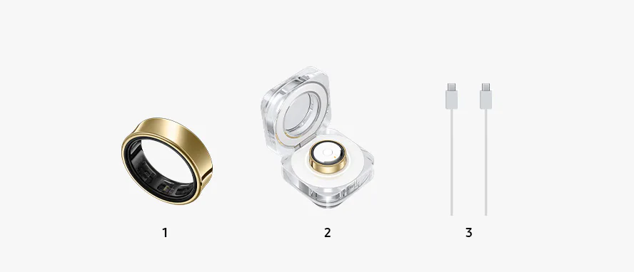 Samsung Galaxy Ring Titanium Gold with charging case