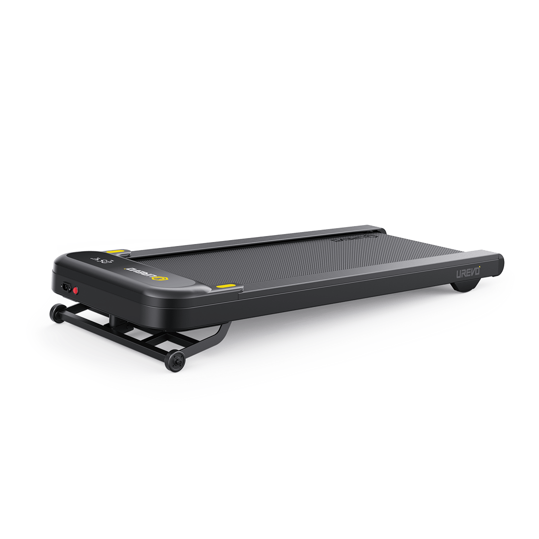 UREVO SpaceWalk 3S Smart Walking Pad, black, front three-quarter view on white background with incline stand raised